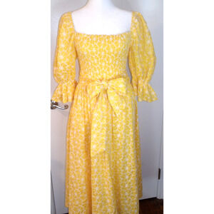 Aura‎ The Label Yellow Midi Dress Cottagecore Belted Floral  SM NWT